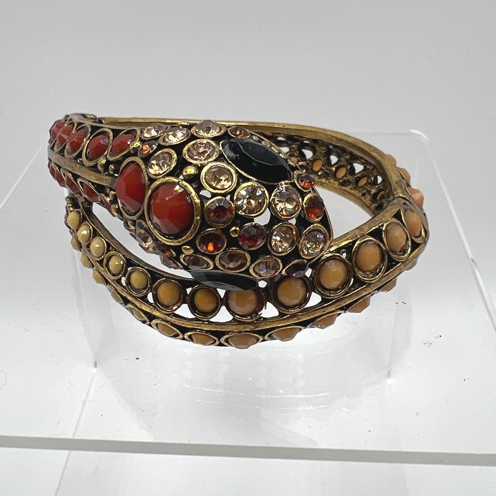 Whimsigoth Snake Clamper Bracelet Rhinestone Beaded Earth Tone Statement 7in